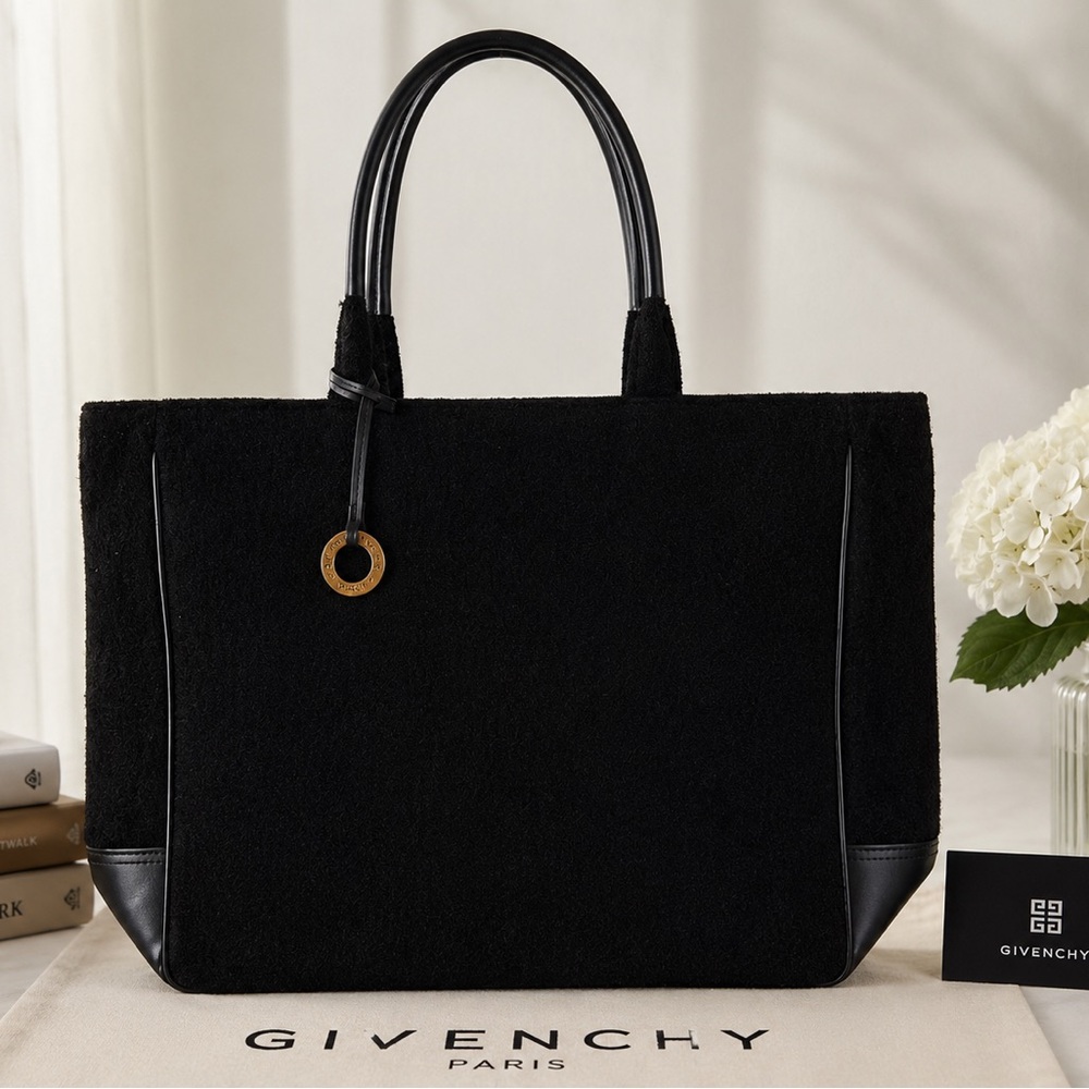 Vintage Givenchy Parfums Black Terry Cloth Leather Tote Bag